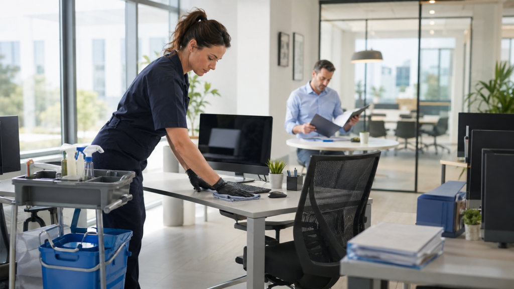 Agente de nettoyage professionnelle intervenant dans des bureaux pendant qu’un responsable étudie le choix de son prestataire dans le Loiret.