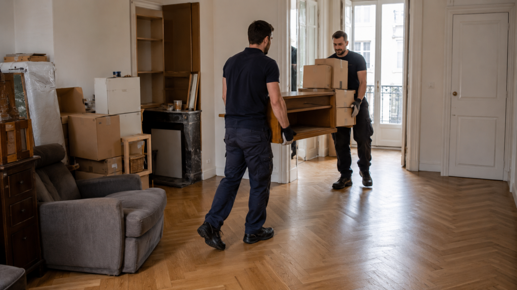 Équipe professionnelle évacuant des meubles et cartons lors d’un débarras d’encombrants à Orléans.
