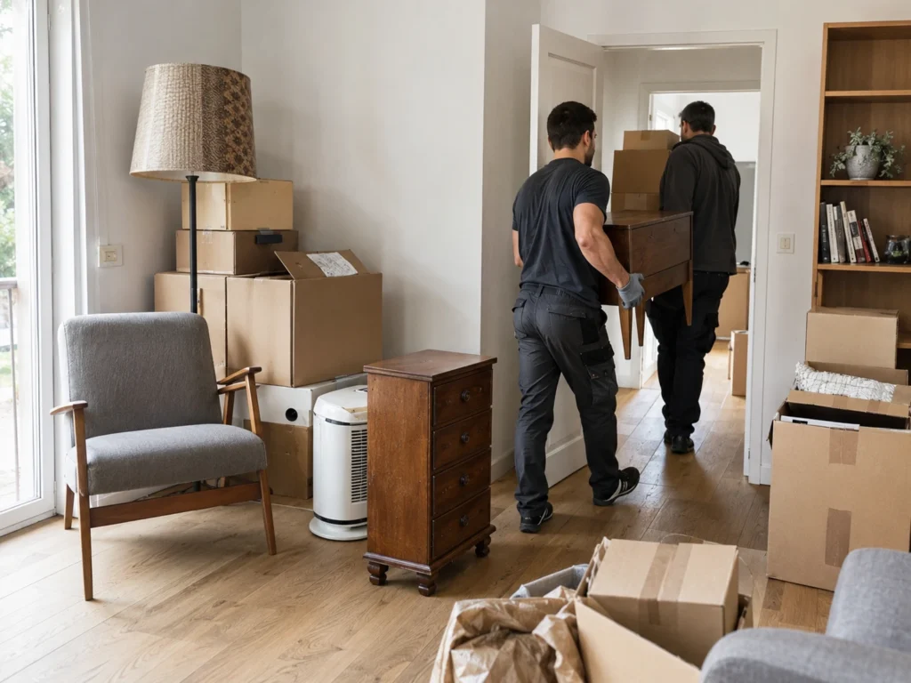 Deux professionnels évacuent des meubles et cartons lors d’un débarras d’encombrants dans un logement à Orléans.