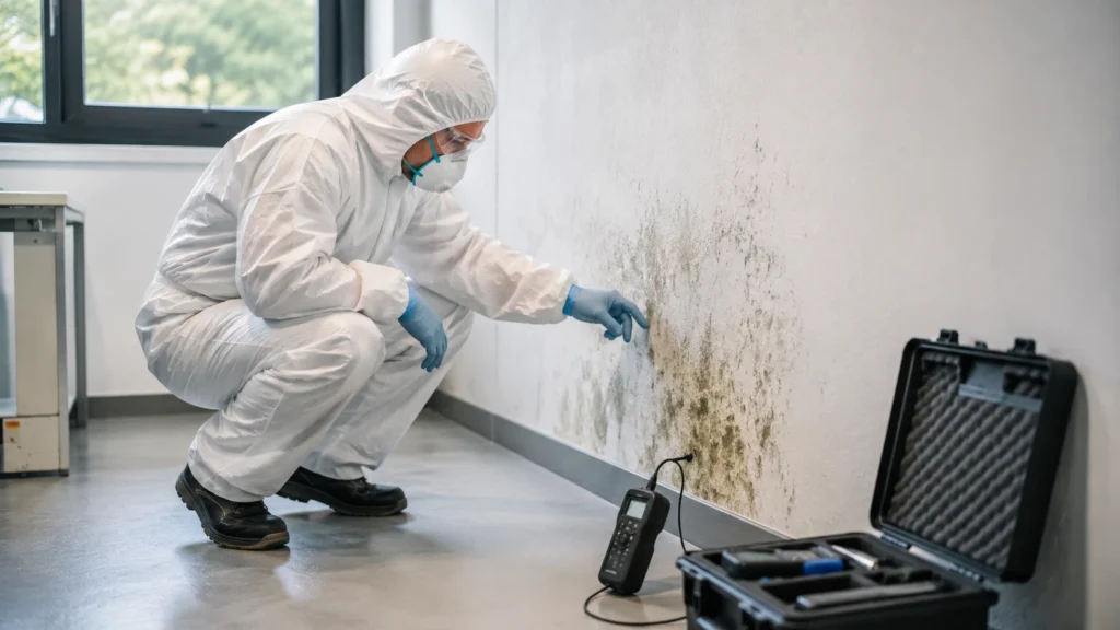 Technicien équipé pour une intervention de décontamination biologique dans un local touché par l'humidité.