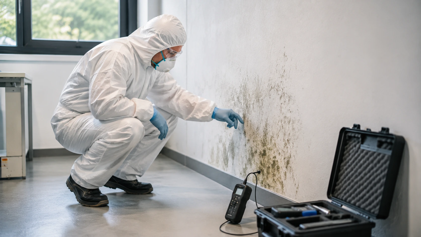 Technicien équipé pour une intervention de décontamination biologique dans un local touché par l'humidité.