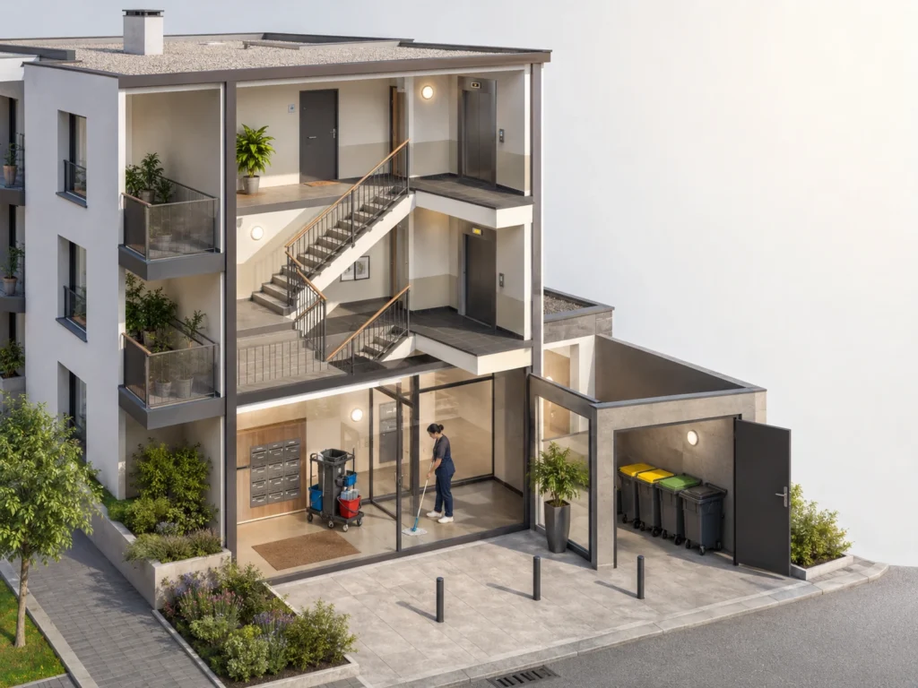 Vue d’une copropriété montrant le hall, les escaliers, l’ascenseur, le local poubelles, les vitrages et les autres parties communes à entretenir.