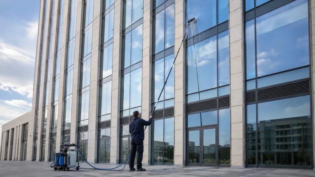 Technicien nettoyant des vitres en hauteur depuis le sol avec une perche télescopique professionnelle.