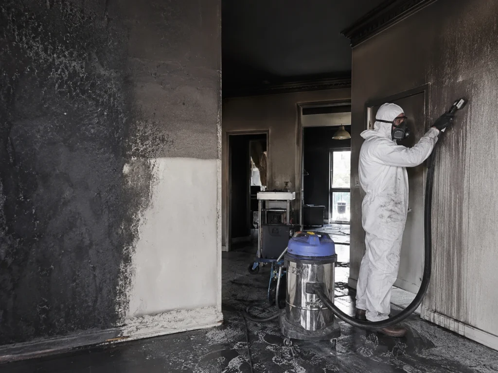 Technicien réalisant un nettoyage professionnel des suies dans un local après un incendie.