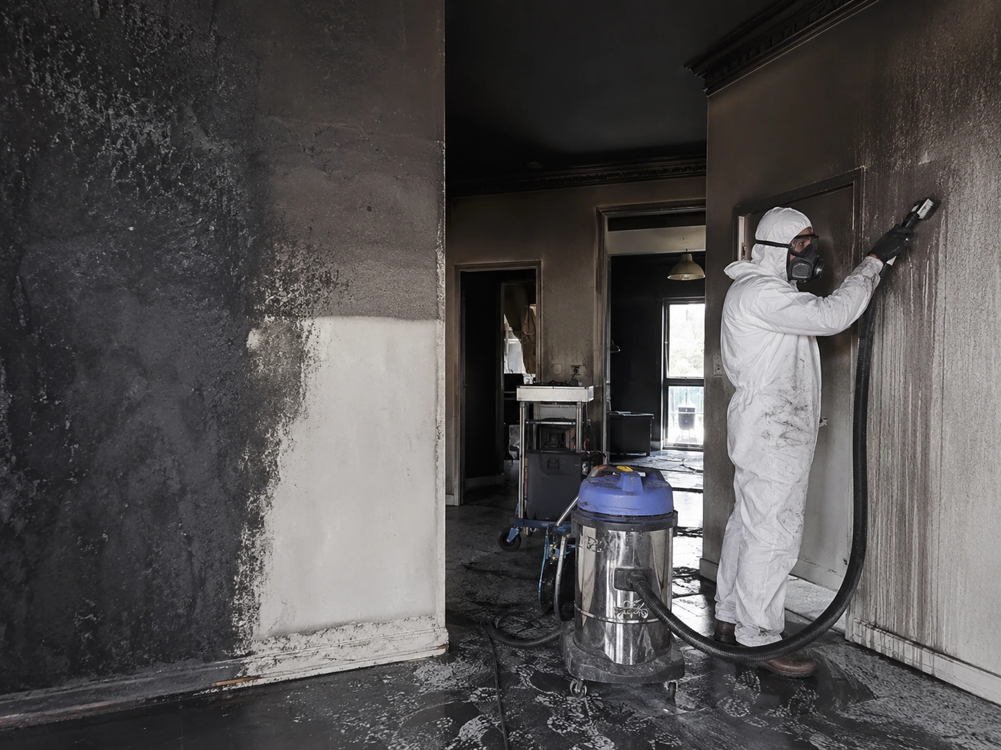Technicien réalisant un nettoyage professionnel des suies dans un local après un incendie.