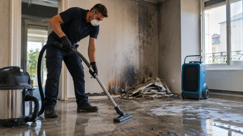 Technicien réalisant un nettoyage après sinistre dans un local touché par la suie et l’humidité.