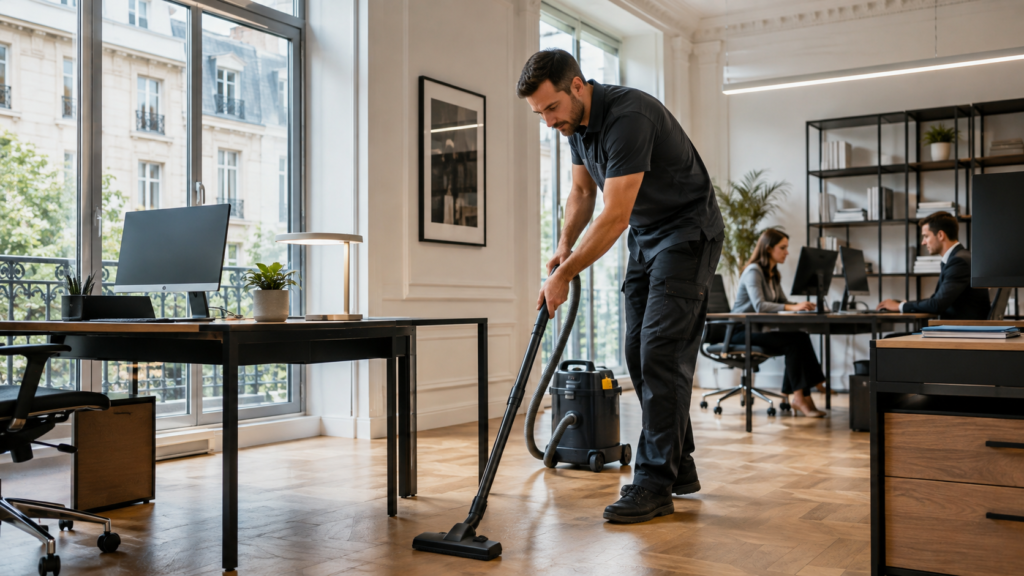 Agent de nettoyage professionnel intervenant dans des bureaux modernes à Paris.