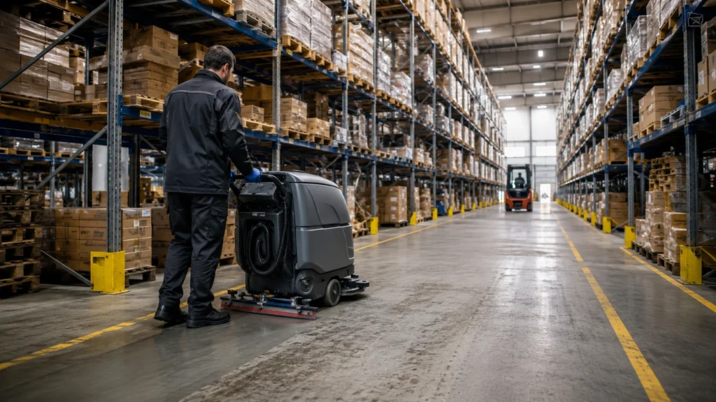 Agent de propreté nettoyant une allée d’entrepôt logistique avec une autolaveuse professionnelle.