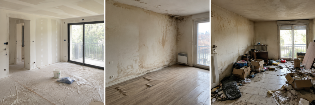 Triptyque comparant un logement après travaux, après un sinistre et un logement insalubre nécessitant une remise en état.