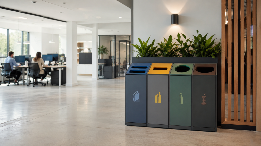 Point de tri sélectif mutualisé installé dans les espaces communs d'une entreprise.