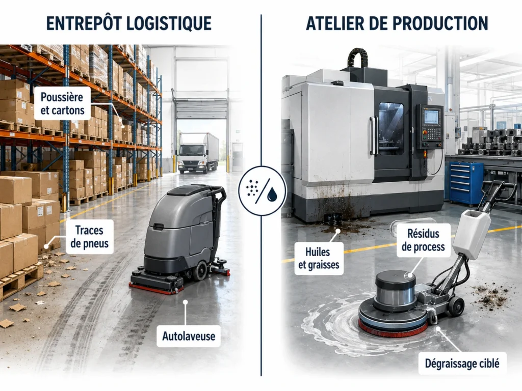 Comparatif des méthodes de nettoyage d’un entrepôt logistique et d’un atelier de production, de l’autolaveuse au dégraissage.