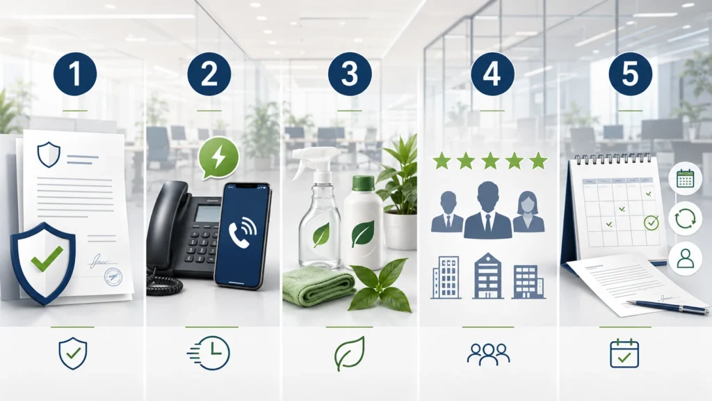 Infographie des cinq critères pour choisir une entreprise de nettoyage de bureaux : assurance, réactivité, éco-responsabilité, avis clients et souplesse du contrat.