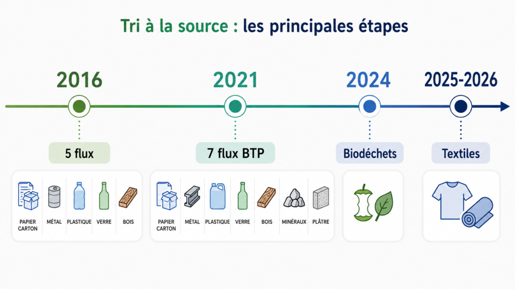 Frise chronologique montrant l'évolution des obligations de tri des déchets professionnels entre 2016 et 2026.