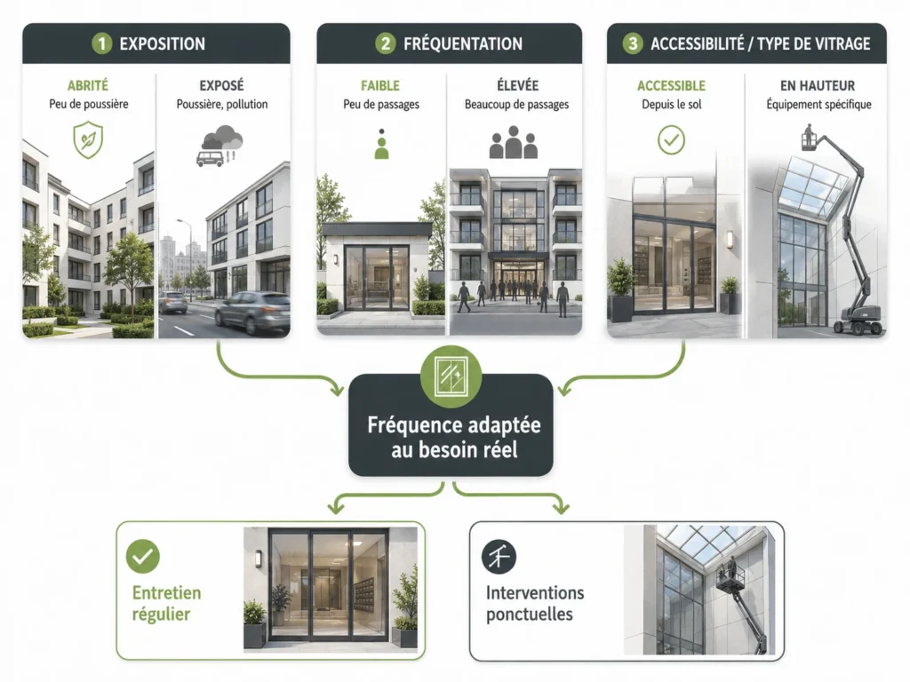 Infographie montrant que la fréquence de nettoyage des vitres dépend de l’exposition, de la fréquentation et de l’accessibilité des vitrages.