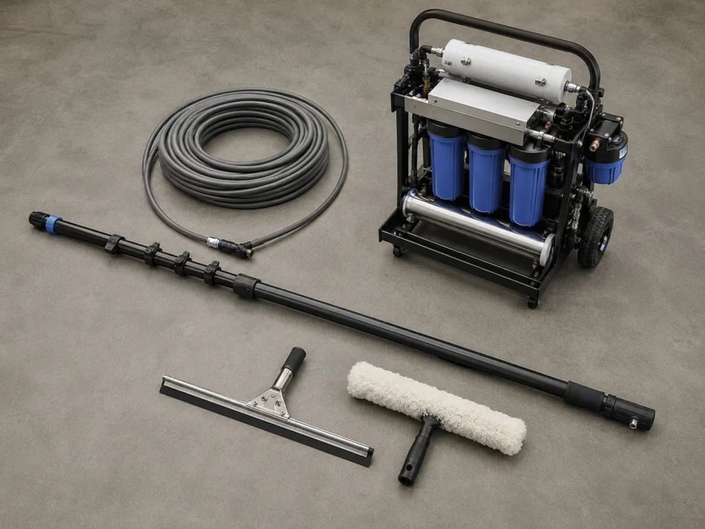 Perche télescopique, mouilleur, raclette professionnelle et équipement pour eau osmosée utilisés pour nettoyer des vitres en hauteur.