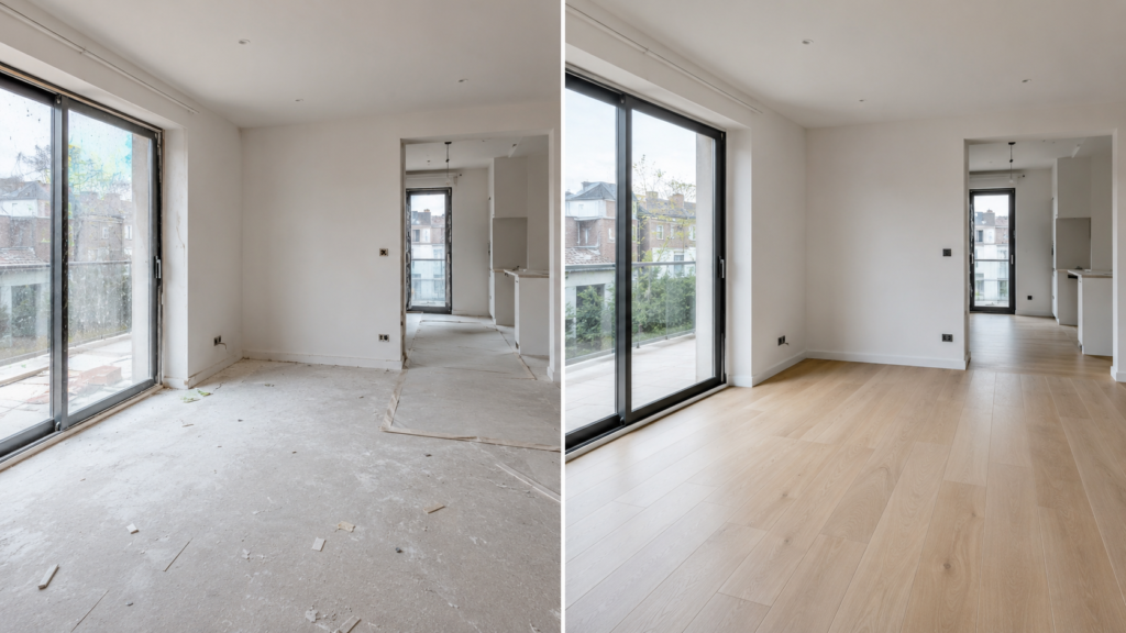 Comparaison avant et après d'un nettoyage de fin de chantier dans un logement rénové.