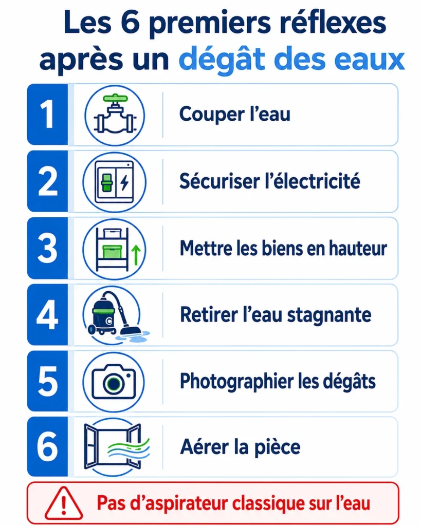 Infographie présentant les six premiers réflexes à adopter après un dégât des eaux.