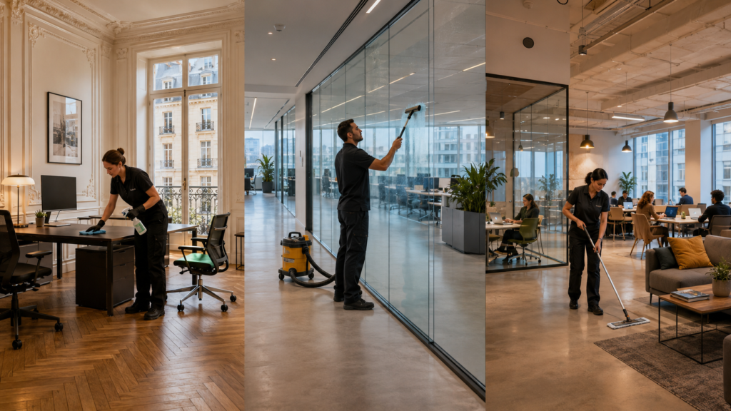 Comparaison entre bureau haussmannien, tour moderne et espace de coworking en Île-de-France.