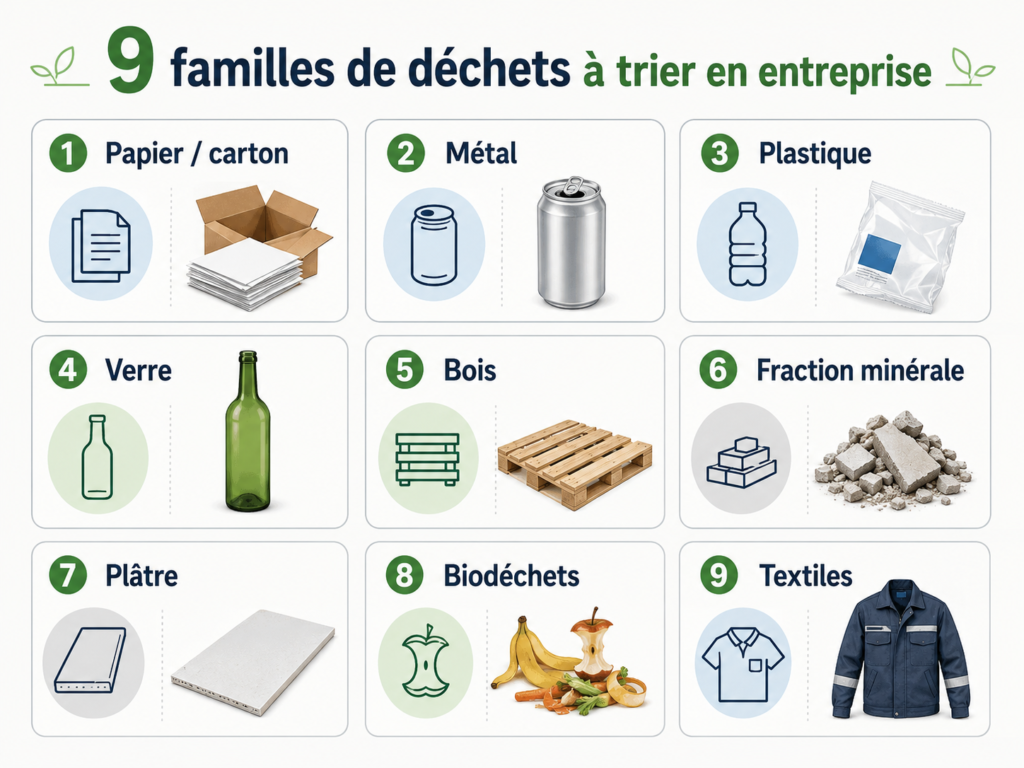 Infographie présentant les neuf familles de déchets professionnels à trier : papier-carton, métal, plastique, verre, bois, minéraux, plâtre, biodéchets et textiles.