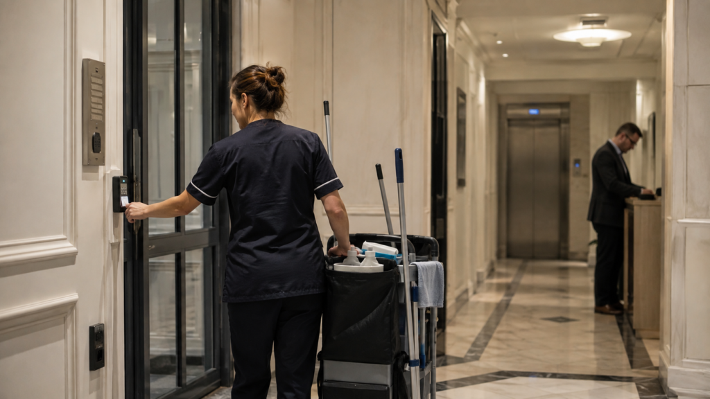 Agent de nettoyage accédant à des bureaux parisiens avec badge et matériel professionnel.