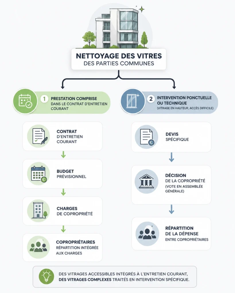 Schéma expliquant la répartition du coût du nettoyage des vitres des parties communes entre les copropriétaires.