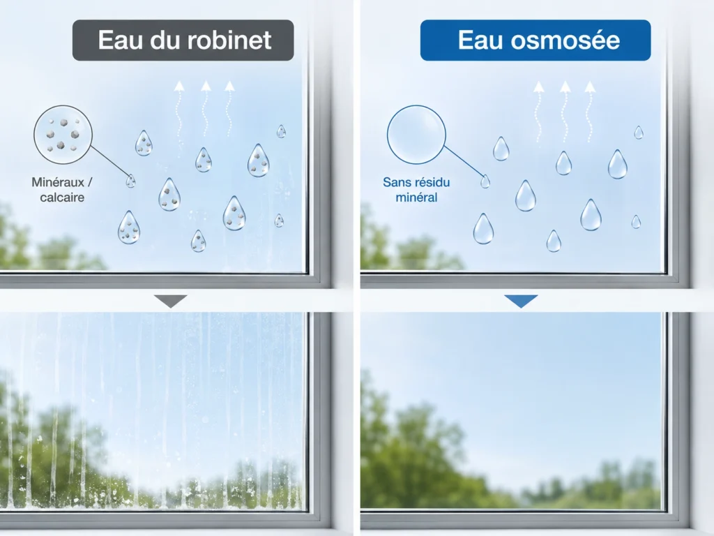 Comparaison entre l’eau du robinet laissant des résidus minéraux et l’eau osmosée séchant sans dépôt sur une vitre.