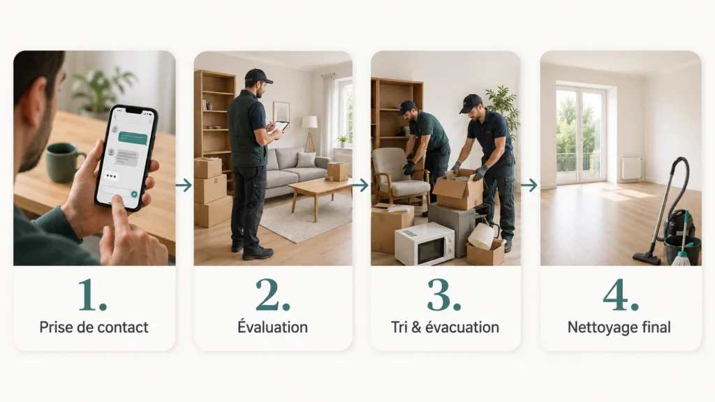 Schéma des quatre étapes d’un débarras professionnel : prise de contact, évaluation, tri et évacuation, puis nettoyage final.