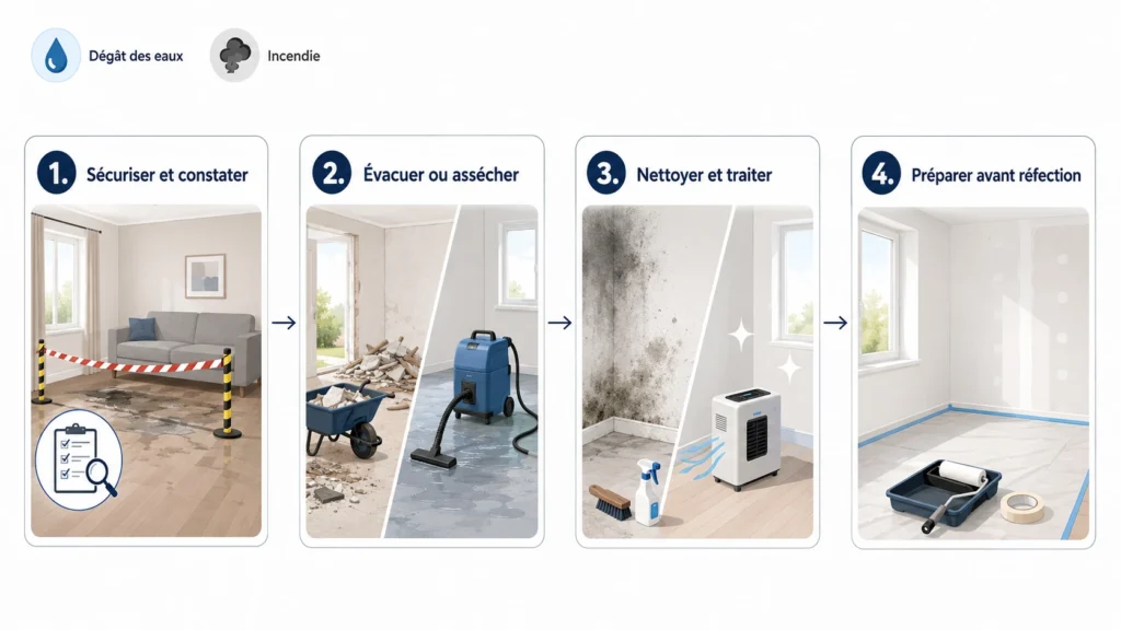 Infographie présentant les étapes d'une remise en état après sinistre, de la sécurisation au nettoyage et à la préparation des surfaces.