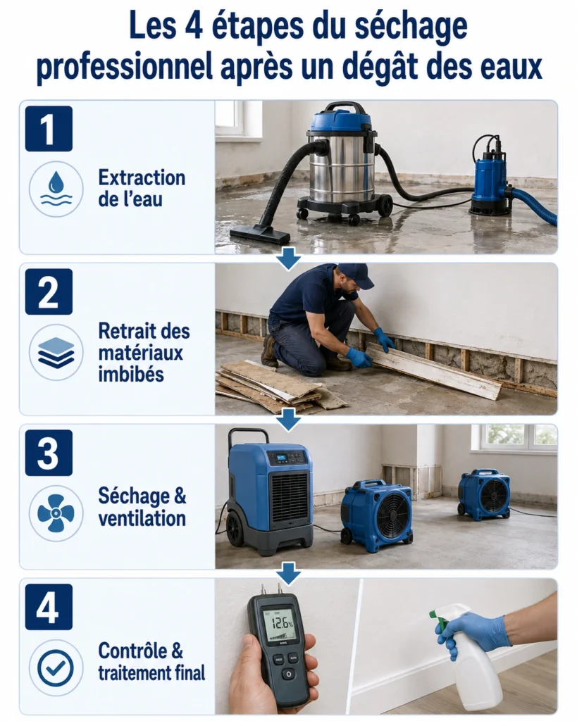 Infographie montrant les étapes d’extraction de l’eau, de séchage technique et de contrôle de l’humidité après un dégât des eaux.