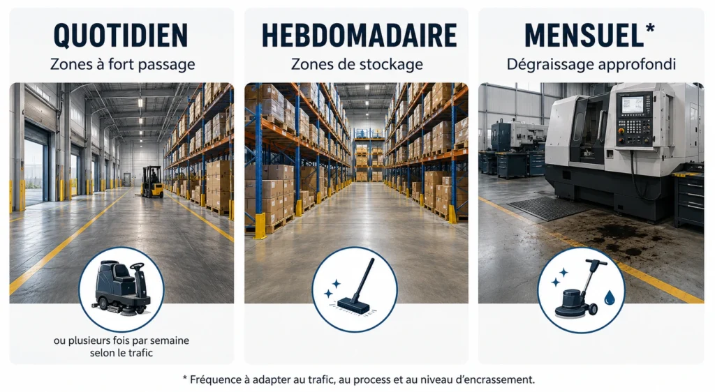 Infographie indiquant les fréquences de nettoyage des zones de circulation, de stockage et des ateliers industriels.