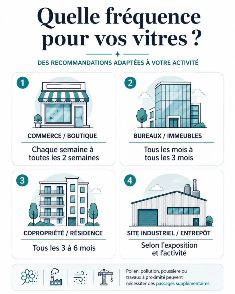 Infographie comparant la fréquence de nettoyage des vitres pour un commerce, des bureaux, une copropriété et un site industriel.