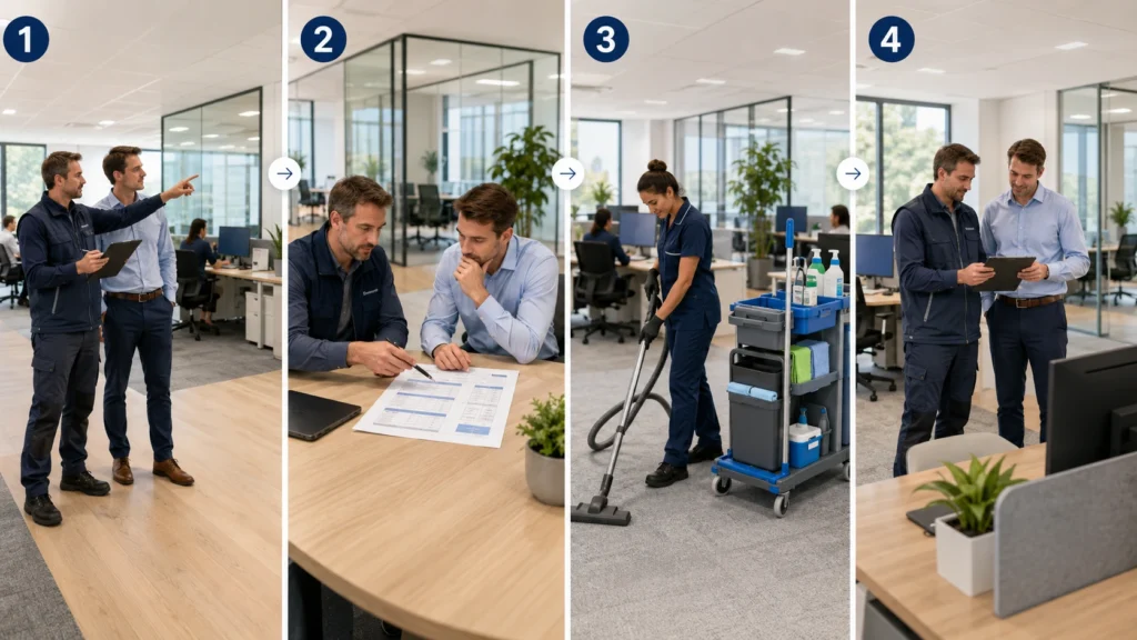Illustration des quatre étapes d’une prestation de nettoyage de bureaux : audit des locaux, devis personnalisé, intervention et contrôle qualité.