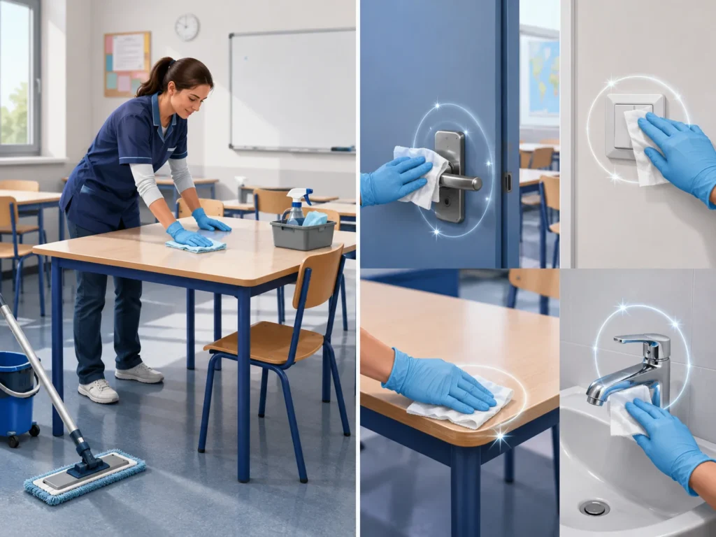 Le nettoyage retire les salissures ; la désinfection cible les surfaces nécessitant une action microbiologique complémentaire.