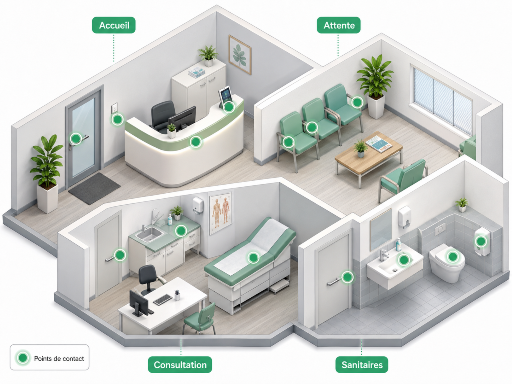 Accueil, salle de soins et sanitaires nécessitent des méthodes adaptées à leur usage et à leurs surfaces de contact.