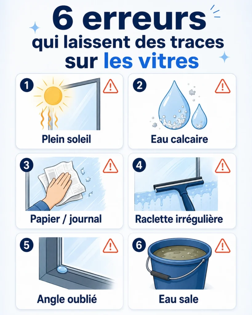 Infographie présentant six erreurs courantes qui provoquent des traces lors du nettoyage des vitres.