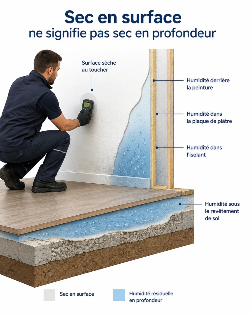 Schéma montrant de l’humidité résiduelle à l’intérieur d’un mur qui paraît sec en surface après un dégât des eaux.