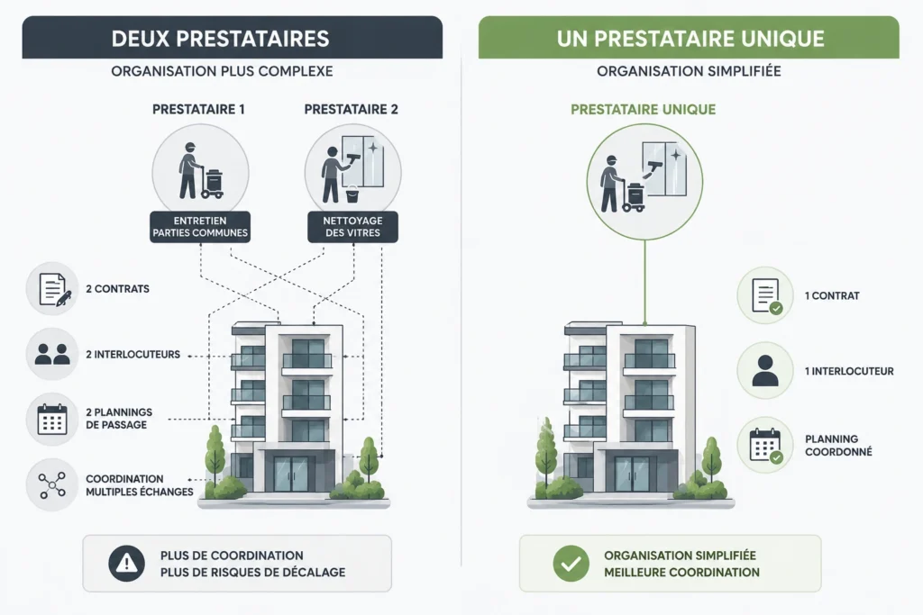 Comparatif entre deux prestataires séparés et un prestataire unique pour le nettoyage des vitres et des parties communes.