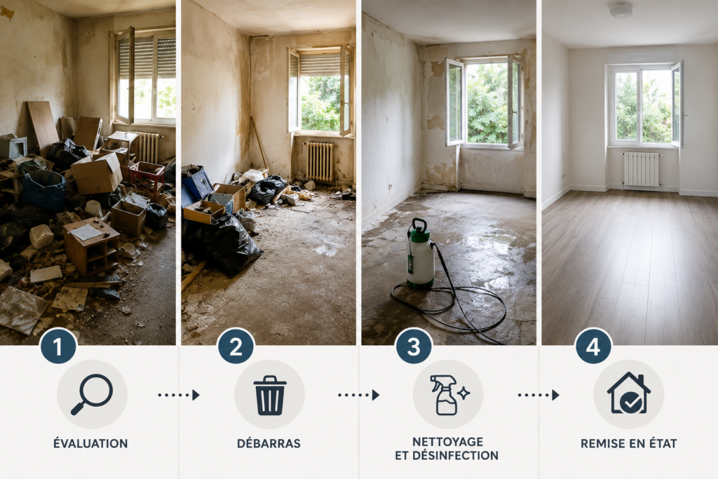 Étapes de remise en état d'un logement insalubre : évaluation, débarras, nettoyage et désinfection