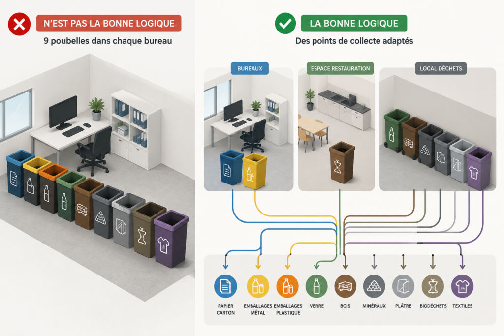 Comparatif entre neuf poubelles alignées et une organisation du tri adaptée aux différentes zones d'une entreprise