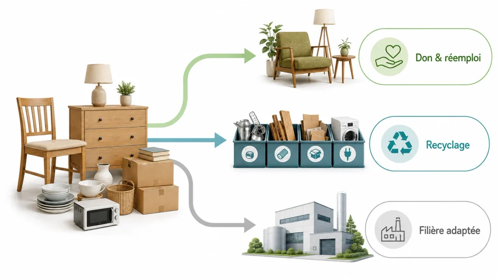 Schéma montrant le tri des objets après un débarras entre don et réemploi, recyclage et filières de traitement adaptées