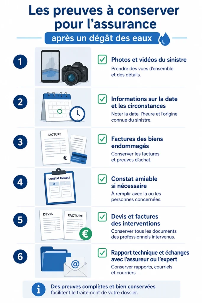 Checklist des documents et preuves à conserver pour constituer un dossier d’assurance après un dégât des eaux.