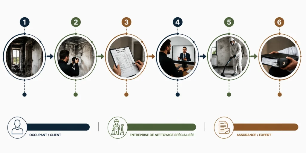 Schéma du parcours entre l’assuré, l’entreprise de nettoyage et l’expert après un incendie.