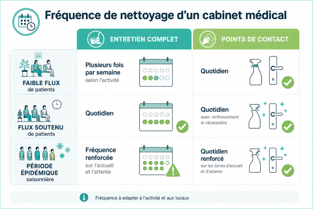 Le rythme d’intervention dépend du flux de patients et des actes pratiqués, tandis que les surfaces fréquemment touchées demandent une attention quotidienne.