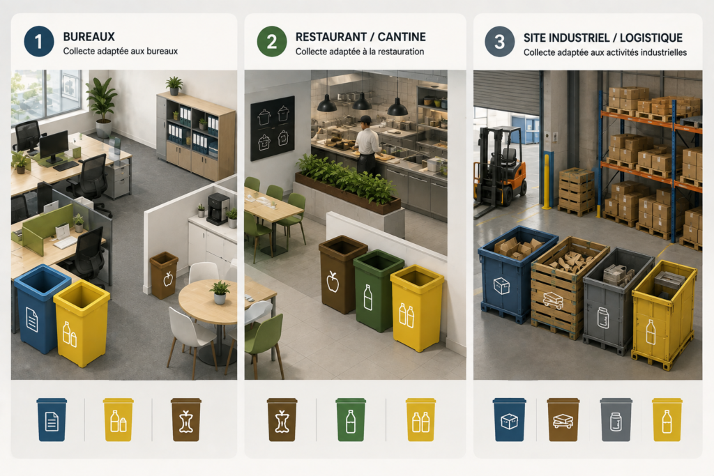 Comparatif des points de tri adaptés à des bureaux, une restauration d'entreprise et un site industriel.