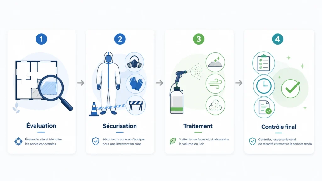 Une intervention professionnelle associe diagnostic, sécurisation, traitement adapté et vérification finale.