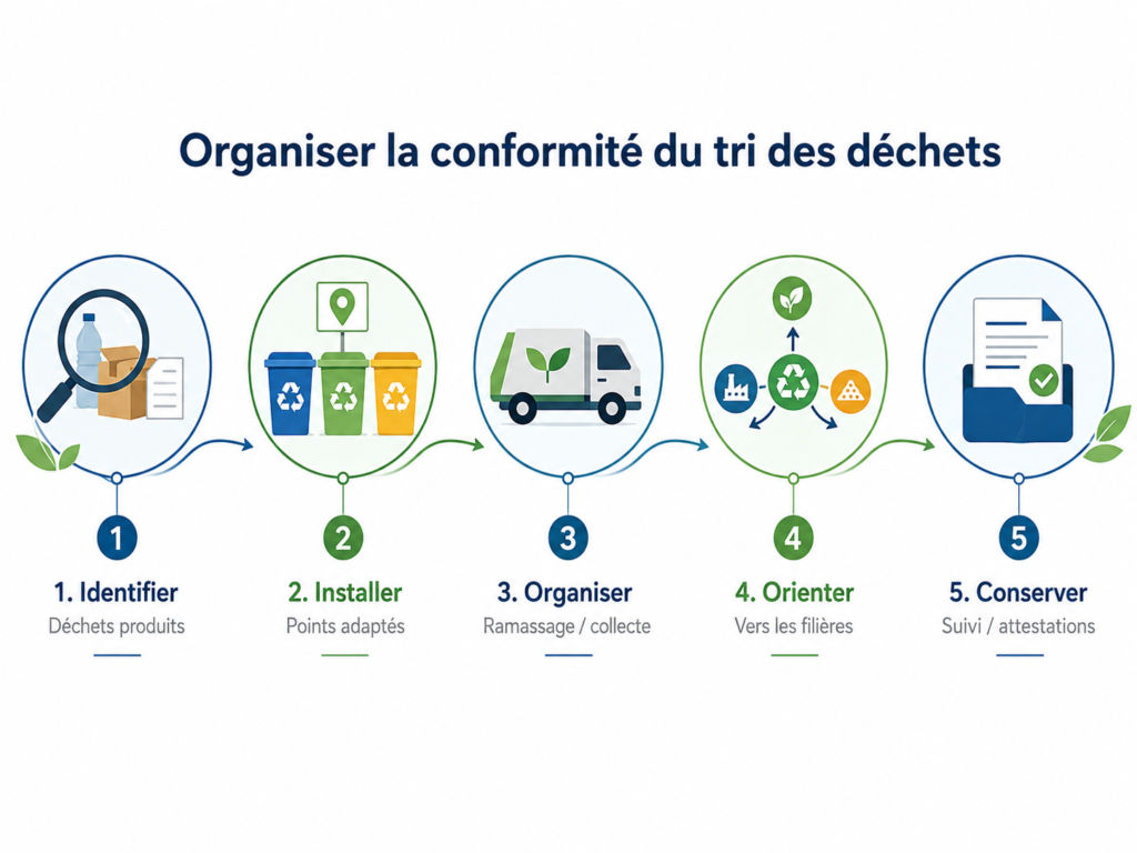 Schéma des cinq étapes pour organiser le tri, la collecte, la valorisation et la traçabilité des déchets d'une entreprise.