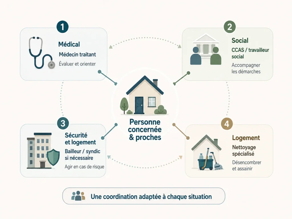 Schéma reliant la personne et ses proches au médecin, aux services sociaux, au bailleur ou syndic et au nettoyage spécialisé
