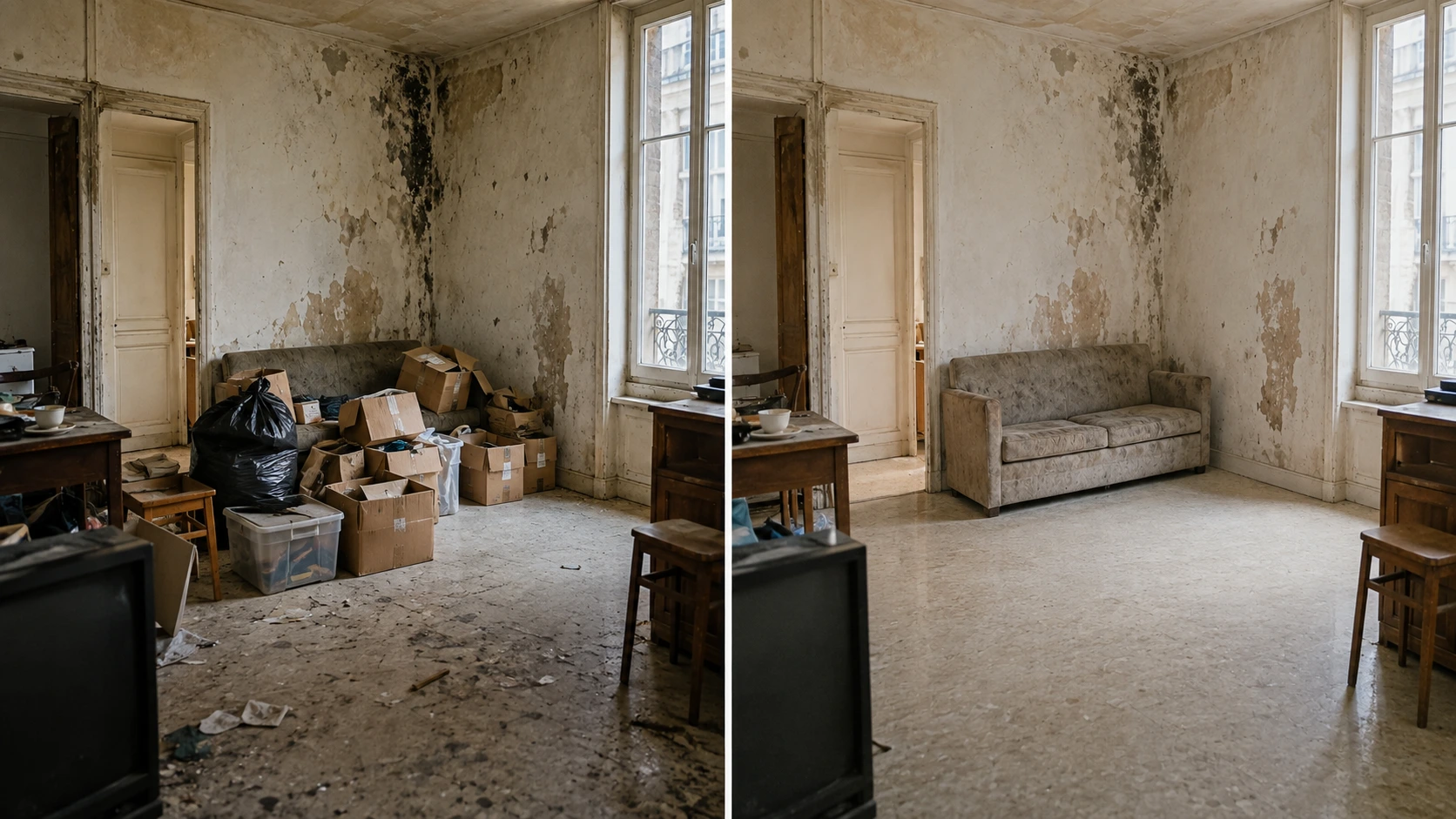 Avant et après d’une même pièce encombrée et sale, puis débarrassée, nettoyée et assainie.