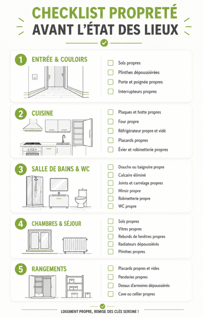 Checklist de nettoyage avant état des lieux sortant avec les tâches à vérifier dans la cuisine, la salle de bains, les chambres, l’entrée et les rangements.