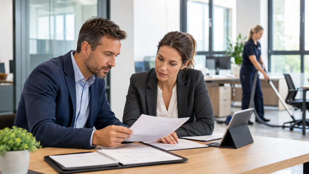 Responsable d'entreprise échangeant avec un prestataire de nettoyage professionnel dans des bureaux.
